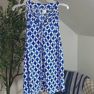 MudPie Blue and White Diamond Print Sleevless Blouse with Tassels